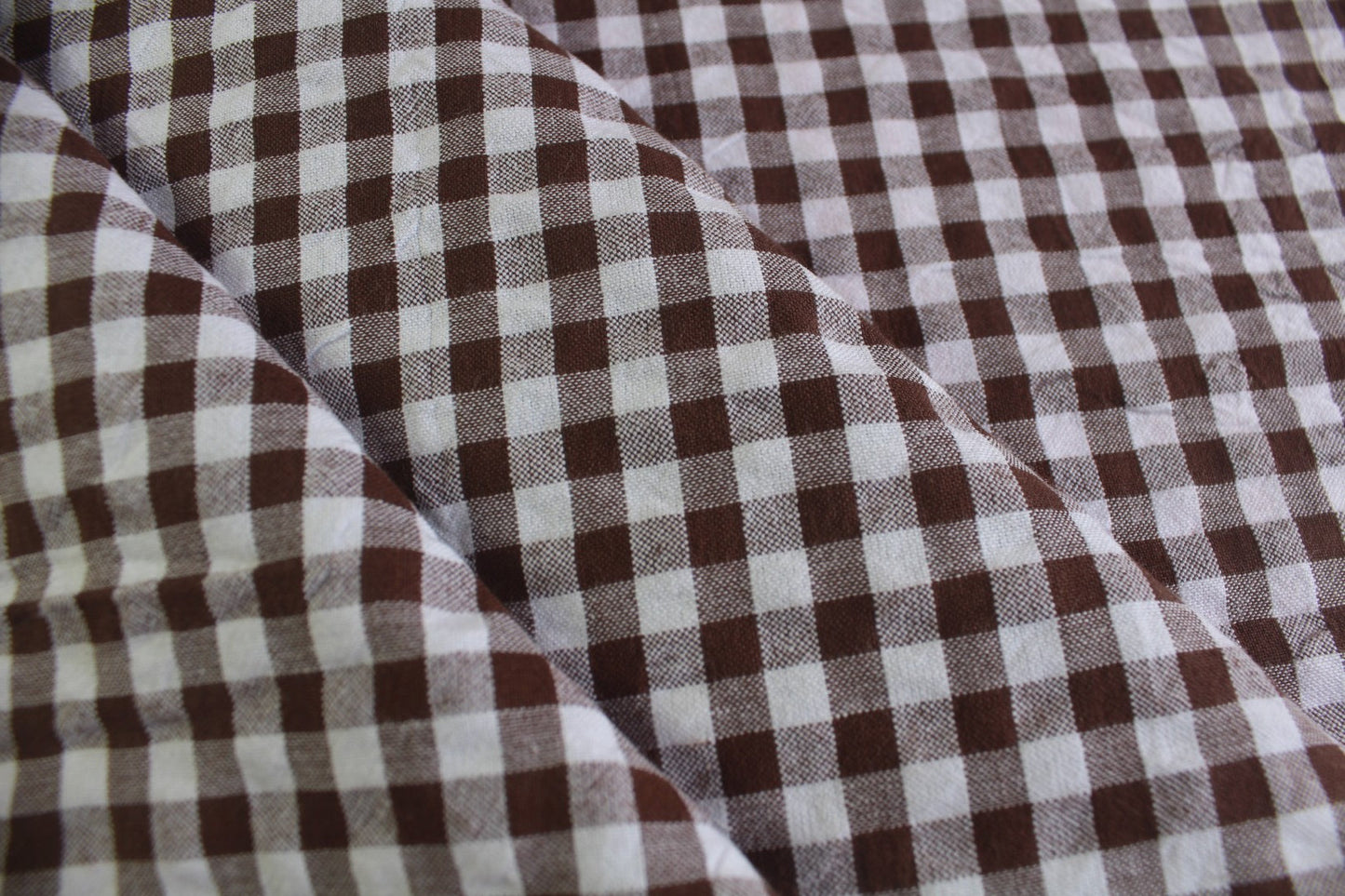 Brown & White Gingham Seersucker – 58" Wide | Classic, Textured Check Fabric