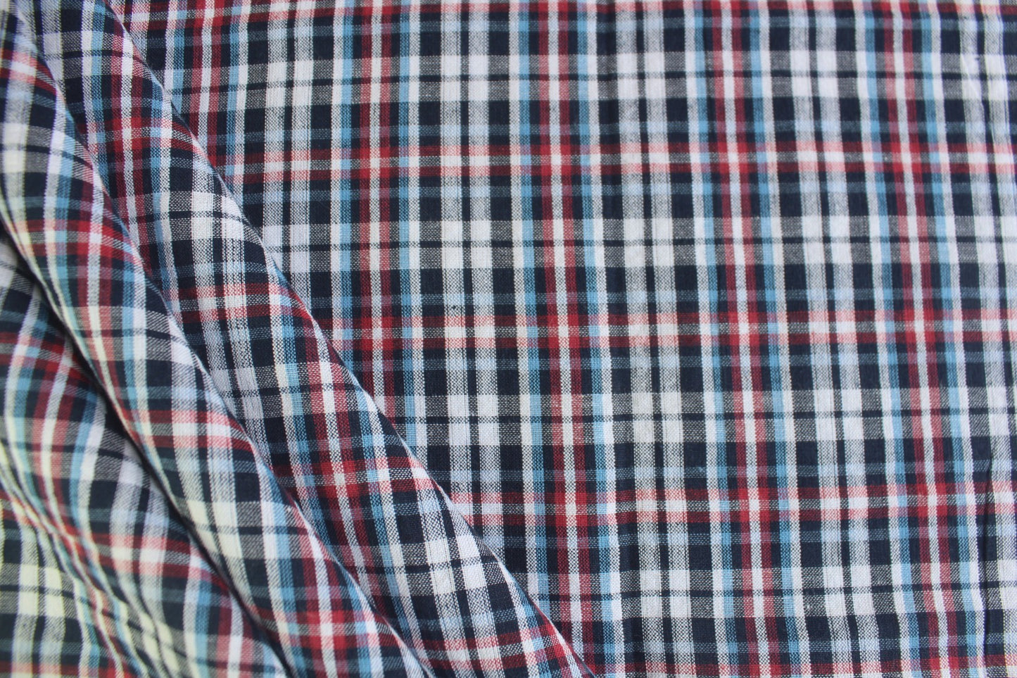 Classic Navy & Red Check Cotton Seersucker – 44" Wide | Lightweight Crinkled Fabric