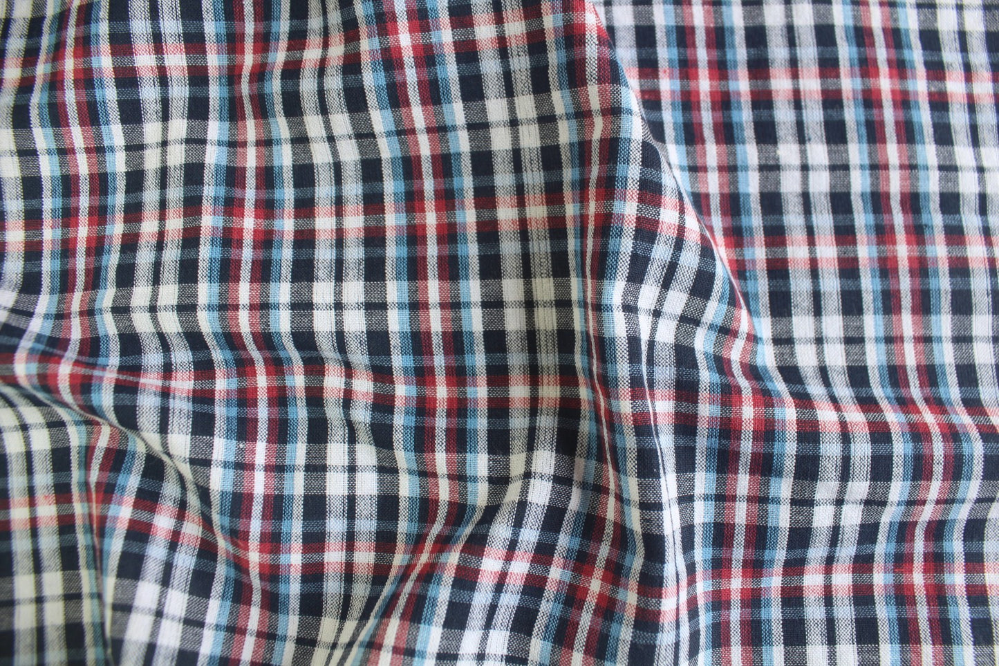 Classic Navy & Red Check Cotton Seersucker – 44" Wide | Lightweight Crinkled Fabric
