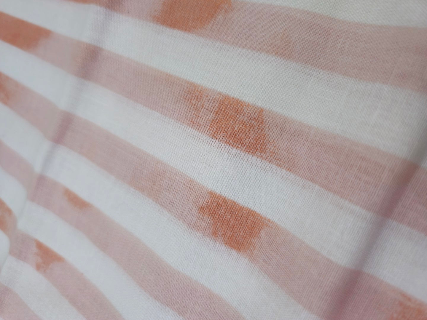 Cotton Linen Tie-Dye Stripe Fabric – White & Salmon | 54” Width | Breathable & Textured | Artisanal Look