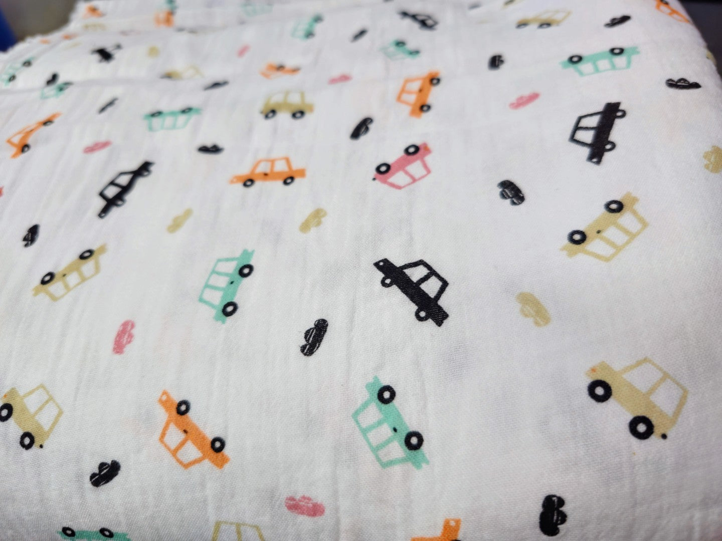 Car Print Double Gauze Muslin Fabric – 100% Cotton | 115 GSM | 52” Width | Soft & Lightweight for Nursery Projects