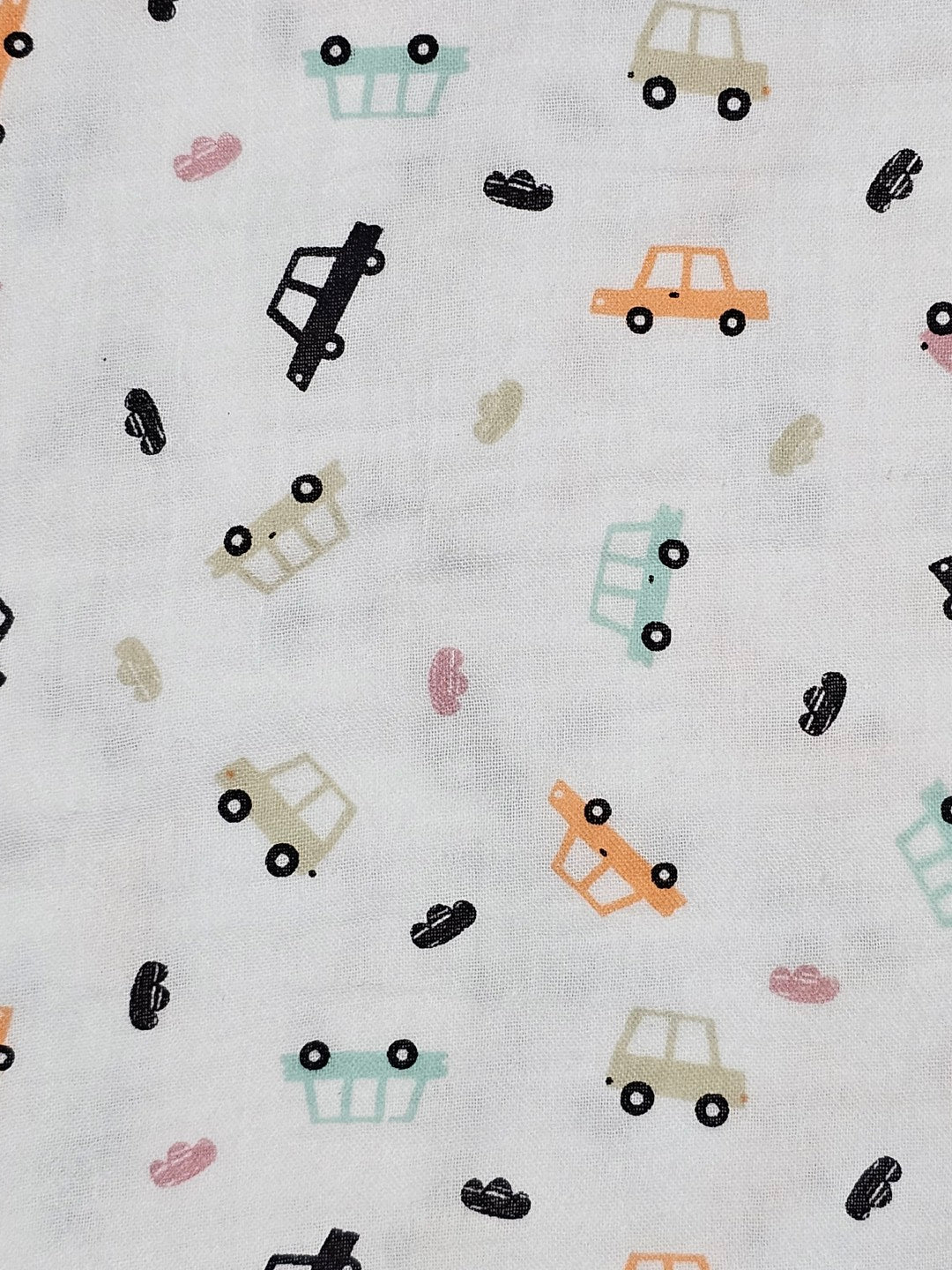 Car Print Double Gauze Muslin Fabric – 100% Cotton | 115 GSM | 52” Width | Soft & Lightweight for Nursery Projects
