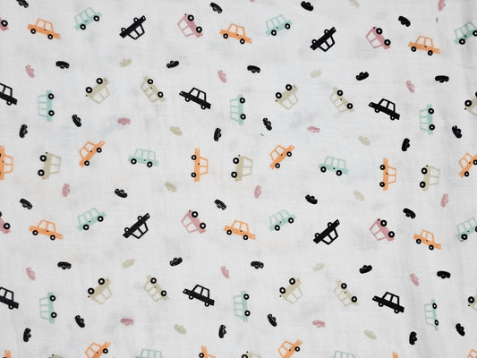 Car Print Double Gauze Muslin Fabric – 100% Cotton | 115 GSM | 52” Width | Soft & Lightweight for Nursery Projects