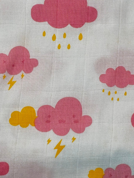 Cloud Print Double Gauze Muslin Fabric – Flat Check Texture | 100% Cotton | 110 GSM | 48” Wide | Nursery-Perfect