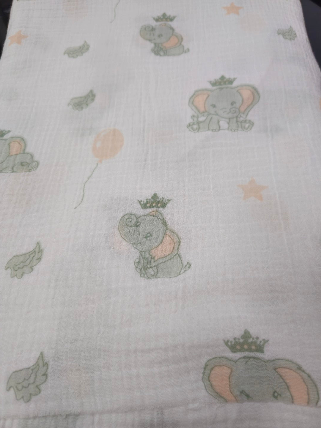 Elephant Nursery Print – Printed Double Gauze Muslin Fabric | 100% Cotton | White Base | Crinkled | 115 GSM | 52” Wide