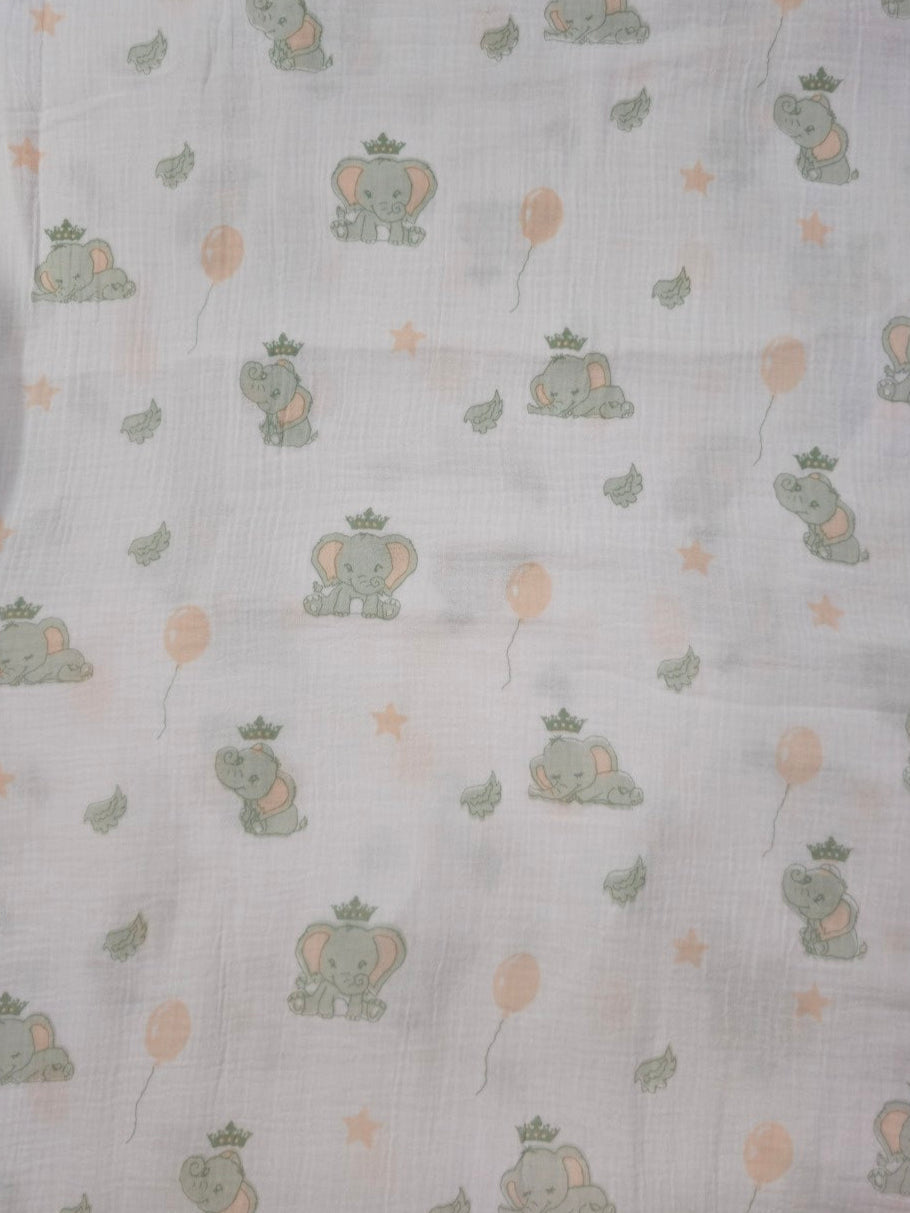 Elephant Nursery Print – Printed Double Gauze Muslin Fabric | 100% Cotton | White Base | Crinkled | 115 GSM | 52” Wide
