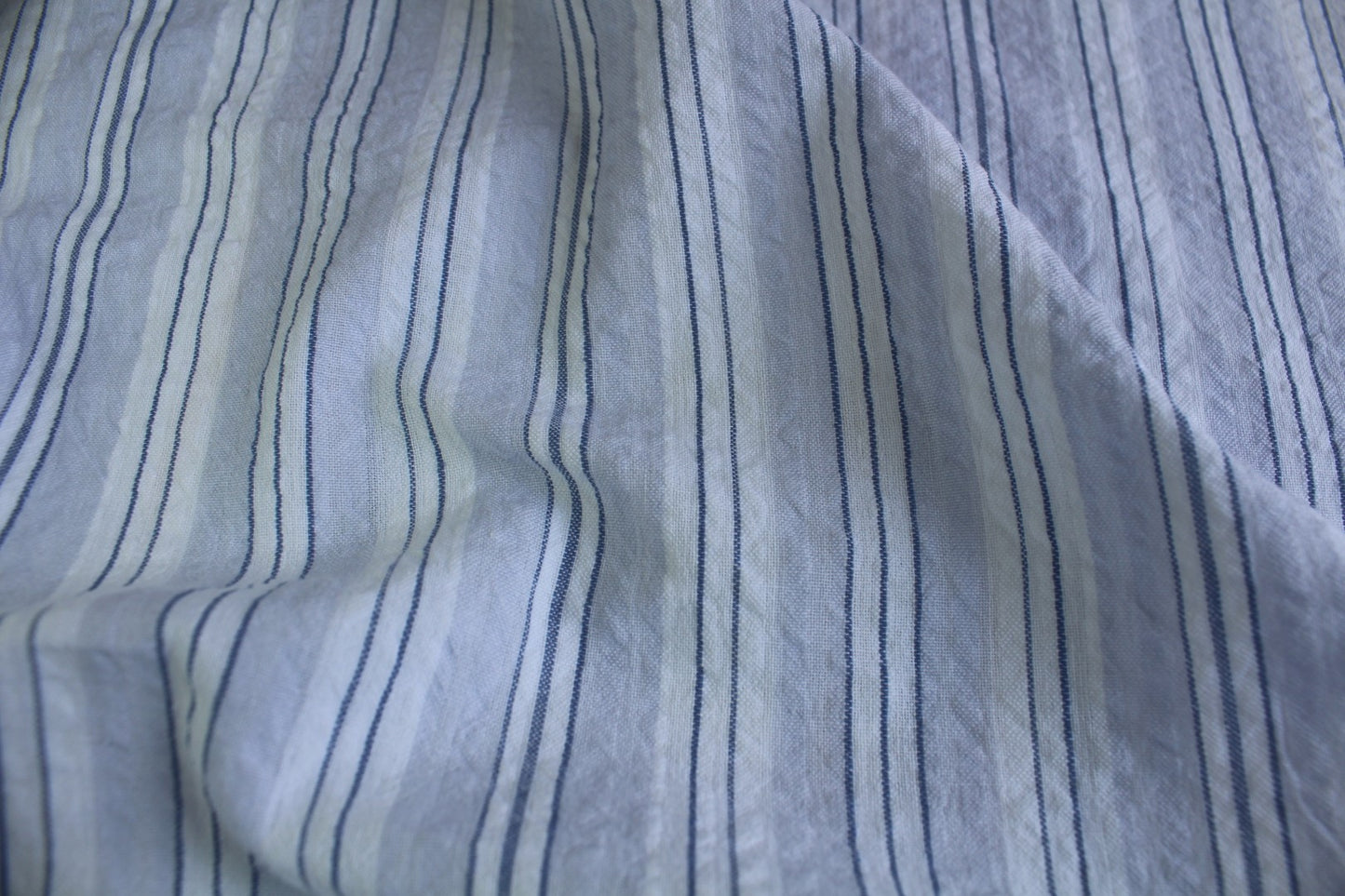 Navy & White Stripe Cotton Seersucker – 56" Wide | Classic Wrinkle-Free Fabric for Apparel & Decor