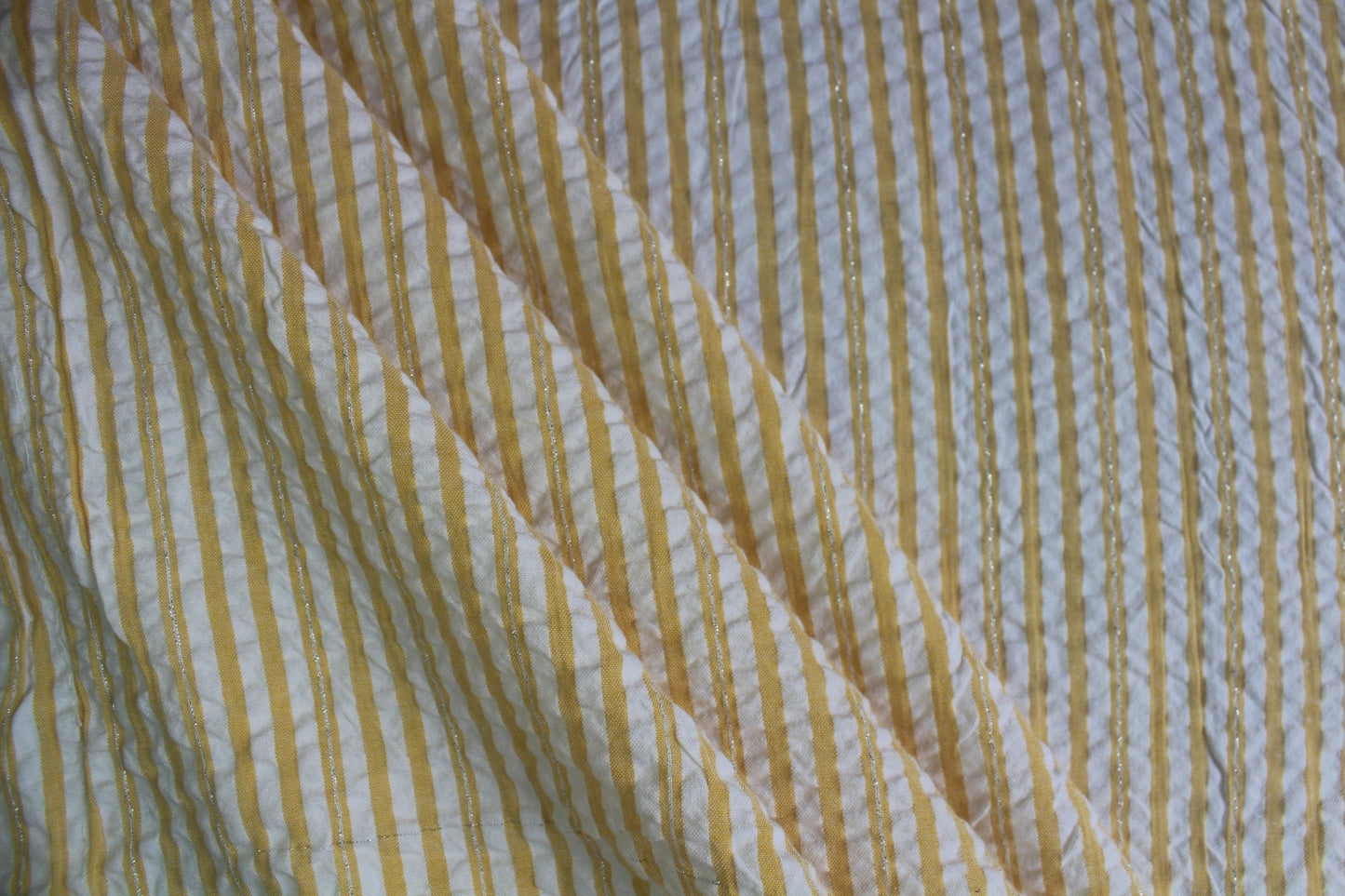 Orange & White Cotton Seersucker Fabric with Silver Lurex Stripes – 100% Cotton | Lightweight & Textured