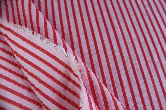 Red & Pink Stripe Poly-Cotton Seersucker – 62" Wide | Slightly Heavy, Textured Fabric for Apparel & Décor