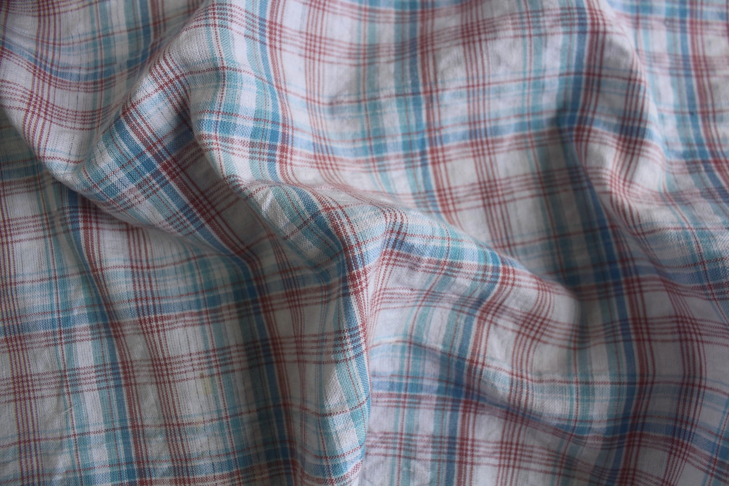 Red & Teal Checked Cotton Seersucker – 44" Wide | Lightweight, Crinkled Texture