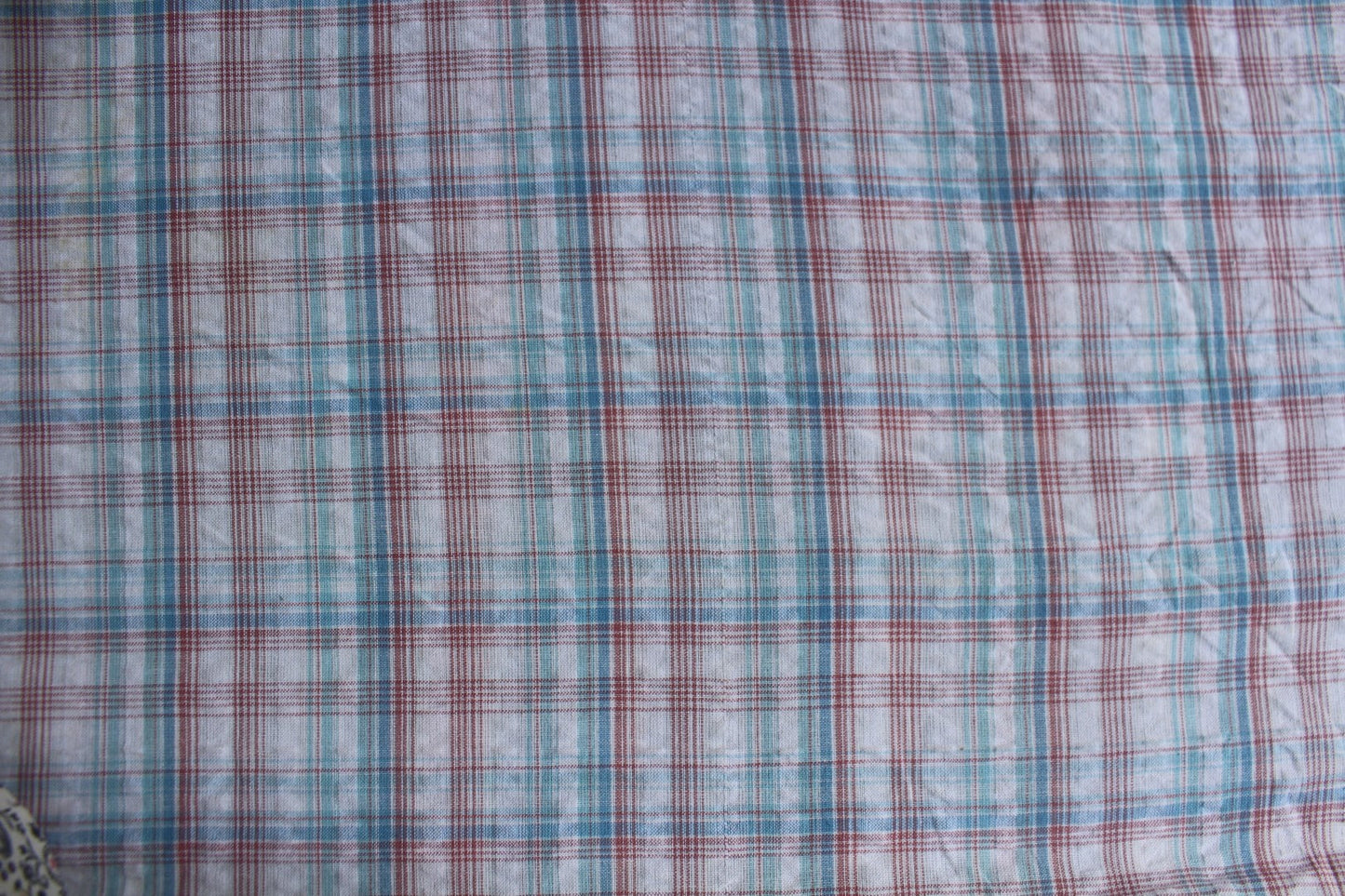 Red & Teal Checked Cotton Seersucker – 44" Wide | Lightweight, Crinkled Texture
