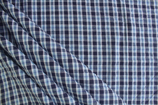 Sky Blue & Navy Check Cotton Seersucker – 44" Wide | Cool Toned Lightweight Fabric
