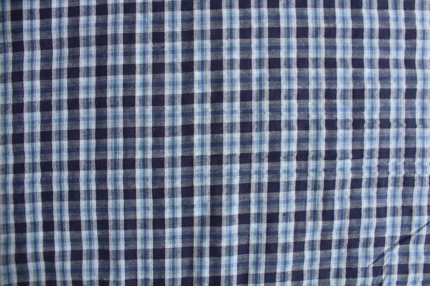 Sky Blue & Navy Check Cotton Seersucker – 44" Wide | Cool Toned Lightweight Fabric