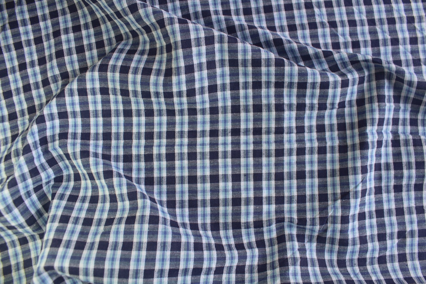 Sky Blue & Navy Check Cotton Seersucker – 44" Wide | Cool Toned Lightweight Fabric